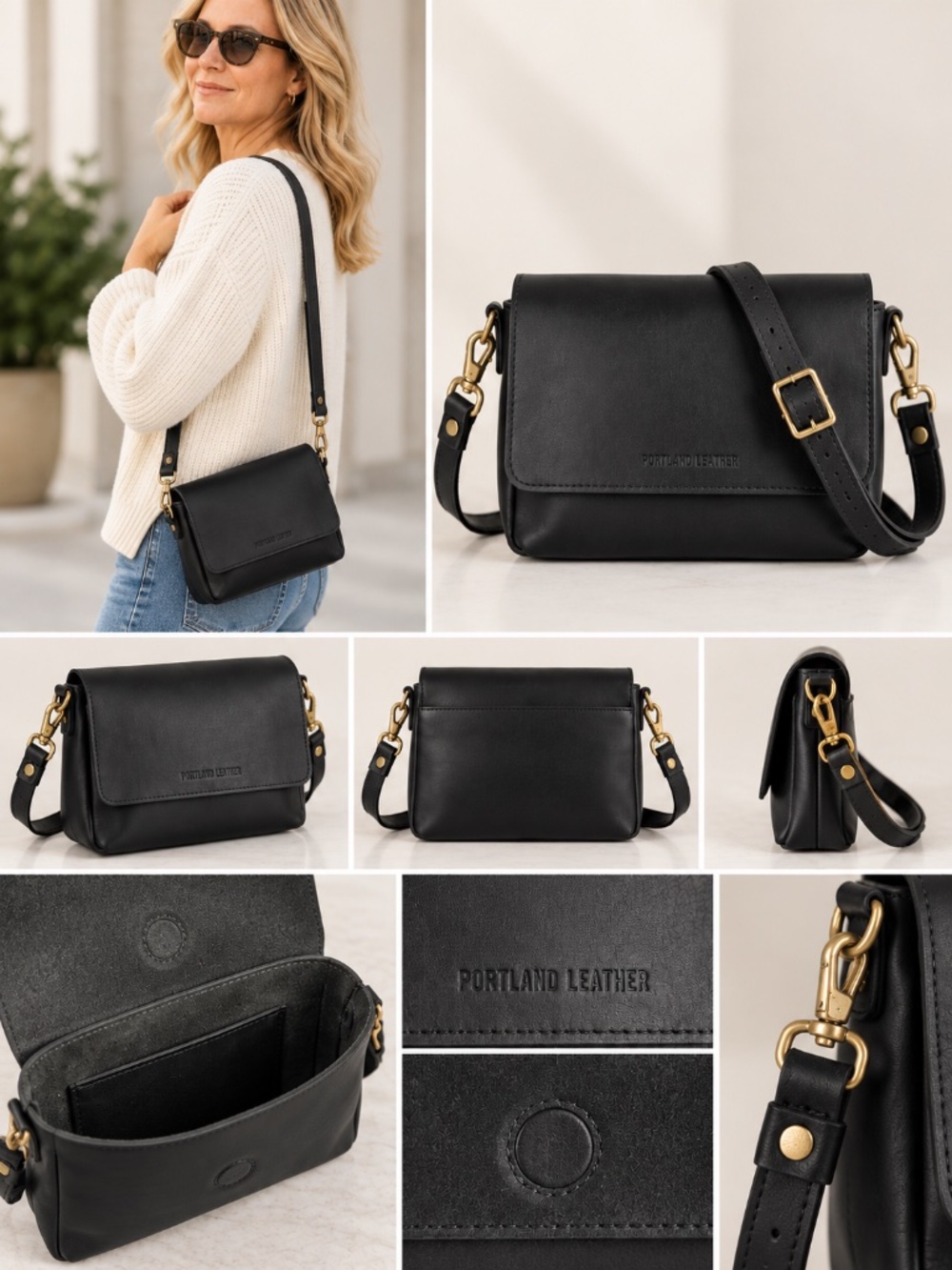 Portland Leather Metro Black Leather Crossbody Flap Bag